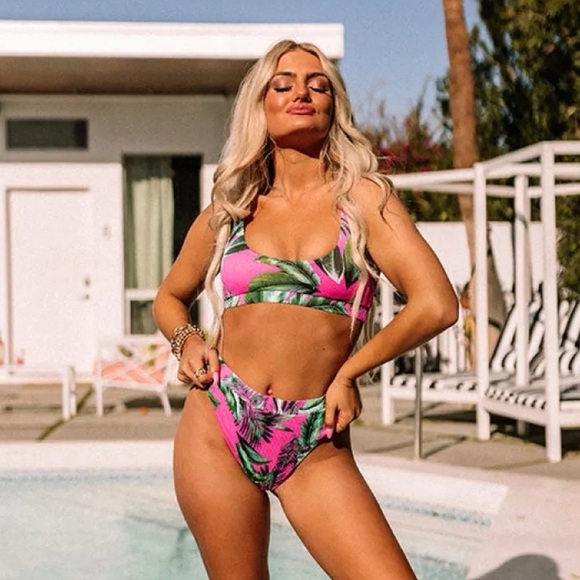 Tropical Leaf Print Ribbed Cheeky Bikini Set Hot Pink Green Medium - Picture 2 of 12